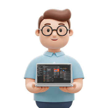 A cheerful cartoon programmer proudly displays a coding interface on his laptop. Bright, friendly, and techy png