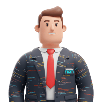 A cheerful 3D cartoon programmer smiles warmly, his suit intricately covered in colorful code. The image conveys a friendly, approachable tech professional. png