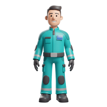 A cheerful cartoon solar technician, dressed in a teal jumpsuit and sporting a solar panel badge, stands ready to assist. Friendly and approachable png