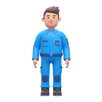 A friendly cartoon solar technician smiles warmly, ready to help. He's dressed in a bright blue jumpsuit, showcasing a small solar panel. A positive and approachable vibe png