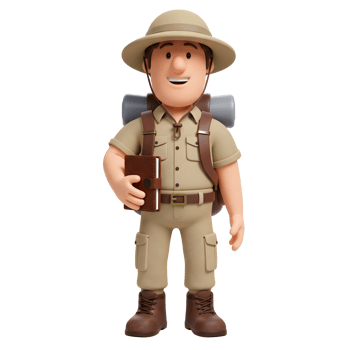 A happy cartoon explorer, ready for adventure He got his backpack, hat, and journal all set for the journey. A fun, optimistic mood. png