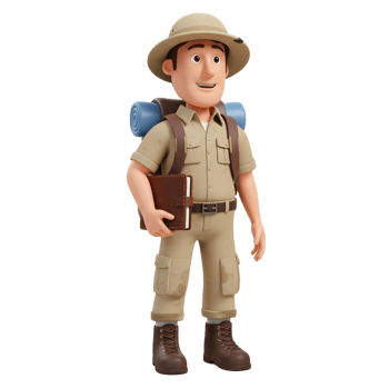 A happy cartoon explorer, ready for adventure He's carrying a backpack, journal, and khaki outfit, perfect for any journey. png