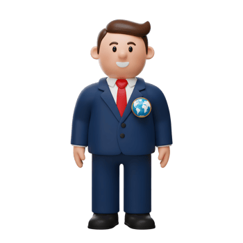 A cheerful cartoon businessman, in a sharp blue suit and red tie, sports a global icon. He exudes friendliness and professionalism. png