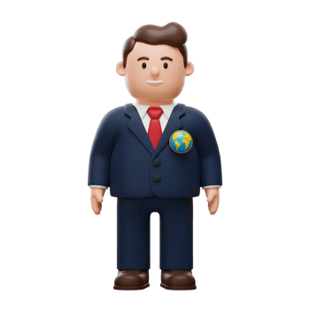 A cheerful 3D cartoon businessman, wearing a dark suit and red tie, proudly displays a small globe pin. His friendly smile conveys optimism and global connection. png