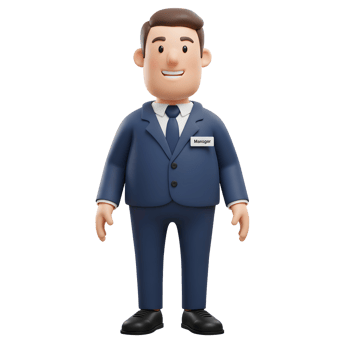 A cheerful 3D-rendered cartoon manager stands confidently, his navy suit and name tag conveying professionalism and approachability. The image exudes a friendly, optimistic mood. png