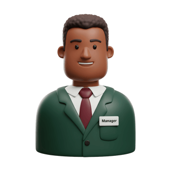 A cheerful 3D-rendered cartoon businessman, wearing a green suit and red tie, smiles warmly. His name tag reads 'Manager'. Friendly and approachable png
