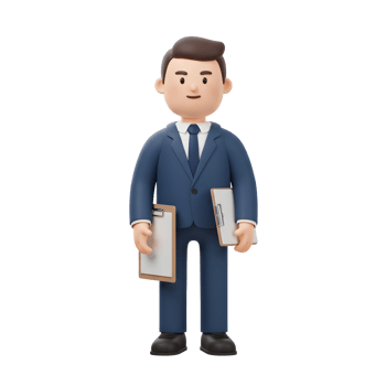 A cheerful cartoon businessman stands confidently, holding two clipboards. His friendly expression and crisp suit create a positive and professional mood. png