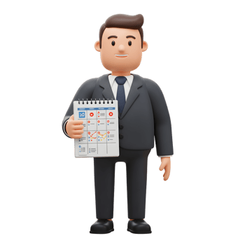 A friendly 3D businessman confidently displays his organized monthly schedule, filled with colorful graphs and icons. The scene is cheerful and professional. png