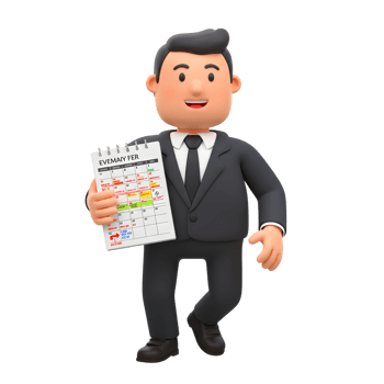 A cheerful 3D businessman confidently displays a February calendar marked with colorful notes. The scene exudes positivity and efficiency. png