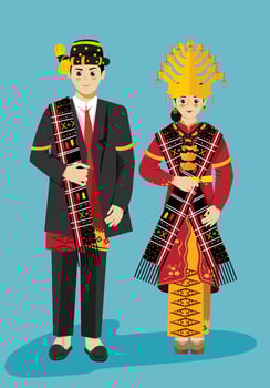 Batak Mandailing Traditional Wedding Hijab with Sumatra Indonesia Songket Bridal Attire vector
