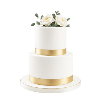 A white cake with gold trim and roses png