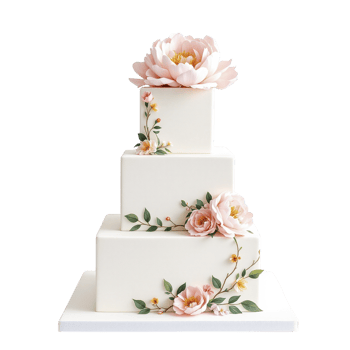 A three tiered wedding cake with pink flowers png