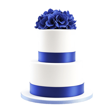 A white and blue wedding cake with a blue ribbon png