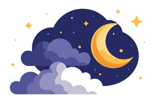 Cartoon Crescent Moon, Clouds, and Stars on Transparent Background Icon vector