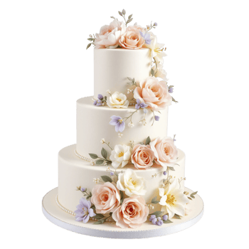 A three tiered wedding cake with flowers on top png