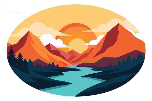 Stylized landscape with red mountains, blue river, and orange sunset in art vector