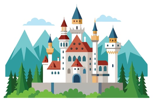 Fairytale Neuschwanstein Castle with Tower and Mountain in Flat Design on White vector