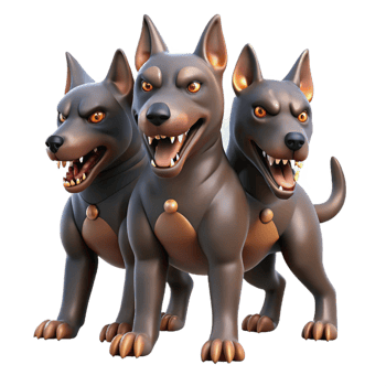 serene vintage Cerberus, three-headed dog, guarding the underworld, genuine png