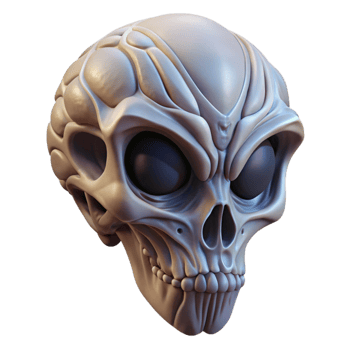 serene rustic Alien skull with unusual bone structure and intricate patterns 4K png