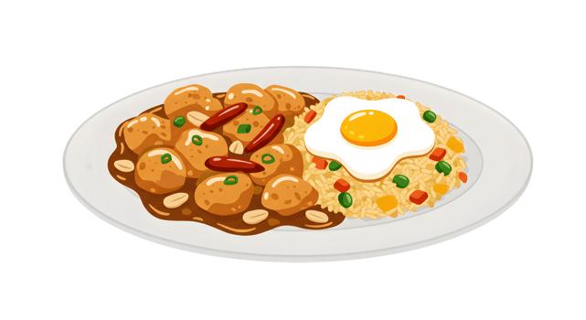 A plate with chicken and rice with an egg png