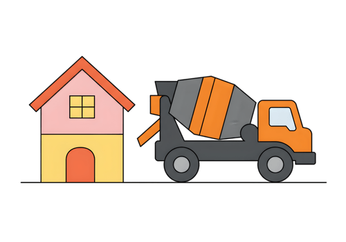 Cartoon Illustration Of House And Concrete Mixer Truck png