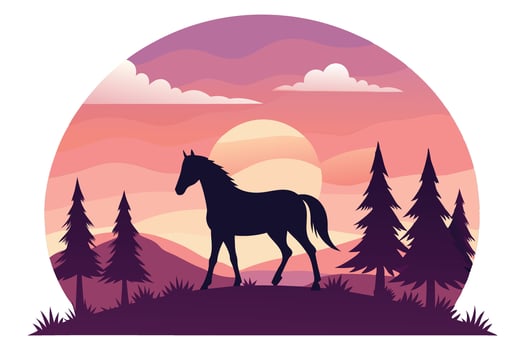 Silhouette of Horse in Nature Landscape at Sunset, Majestic Wildlife vector