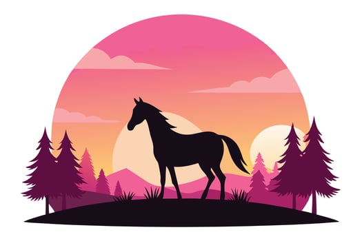Silhouette Horse With Sunset, Trees, and Mountain on White Background vector