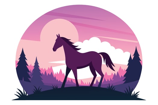 Silhouette Horse Walking Amidst Pine Trees and Pink Sky vector