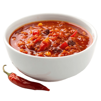 Delicious and Spicy Chili Bowl with a Fresh Red Chili Pepper png