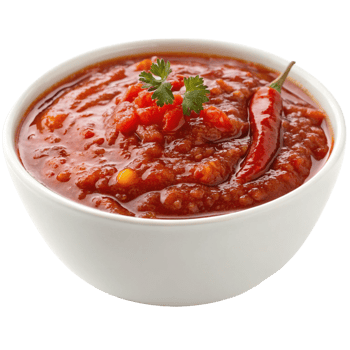 Spicy Red Salsa in a White Bowl with Cilantro and Chili Pepper Garnish png