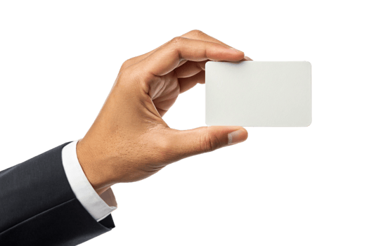 A Person in a Suit Presenting a Blank White Card Mockup png