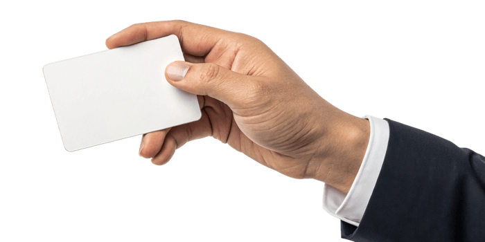 A Hand in a Business Suit Presenting a Blank White Card Mockup png