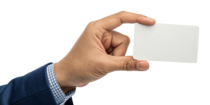 A Man in a Blue Suit Holding a Blank White Card Business Card Mockup png