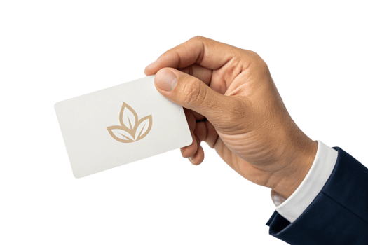 A Person in a Business Suit Holding a White Card with a Gold Leaf Logo png