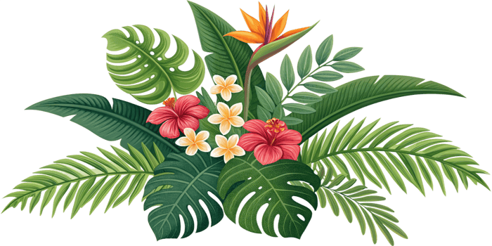 Lush Tropical Floral Arrangement with Hibiscus Plumeria and Bird of Paradise png