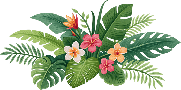 Lush Tropical Floral Arrangement with Vibrant Flowers and Green Leaves png