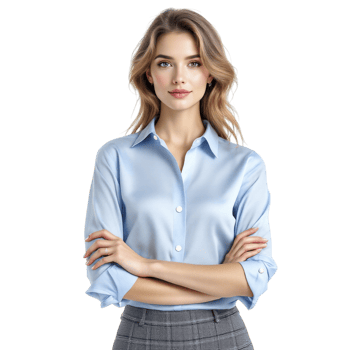 A woman in a blue shirt and checkered pants png