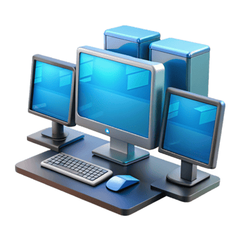vibrant creative A powerful desktop computer with multiple monitors premium png