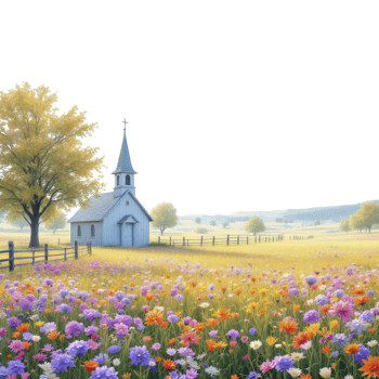Church in a field with flowers and trees png