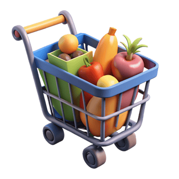 dramatic minimalist A shopping cart full of groceries, detailed png