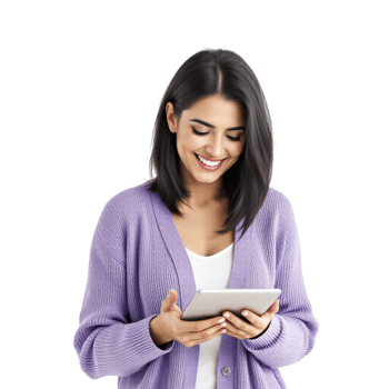 A woman in a purple sweater is using a tablet png