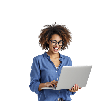A woman with glasses and a blue shirt is smiling while using a laptop png
