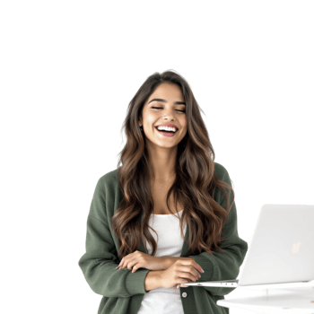 A woman smiling while sitting at a desk with a laptop png
