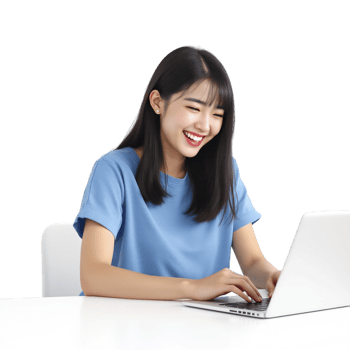 A woman is smiling while using a laptop png