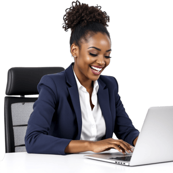 A smiling black woman in a business suit using a laptop png