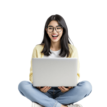 A woman in glasses sitting on the floor with a laptop png