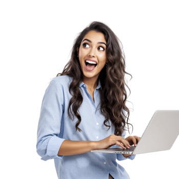 A woman with a laptop and a surprised expression png