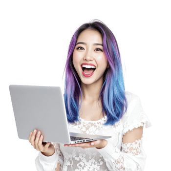 A woman with blue hair holding a laptop png