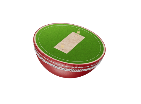 Red cricket ball with and a miniature cricket field on top. 3D Illustration png