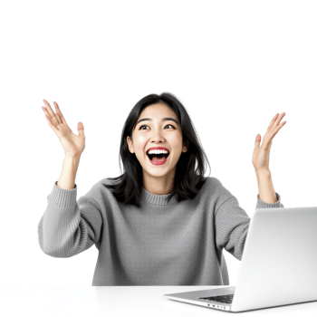 A woman is excited and holding her hands up in front of her laptop png